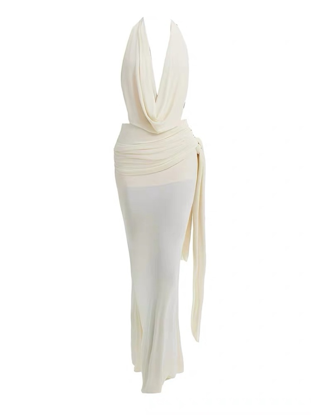 Elegant Cream Draped Halter Maxi Dress